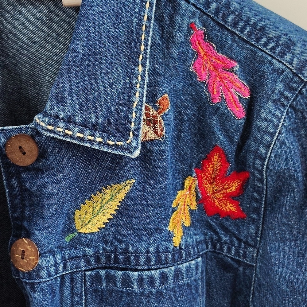 Passport Jean Jacket Large Fall Leaves Button Up Embroidery Cotton Vintage - Picture 6 of 8